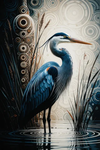 Zidiusart, A Vertical Stylized Illustration Of A Majestic Bl... — Stable Diffusion AI Prompt: zidiusArt, A vertical stylized illustration of a majestic blue heron standing in...