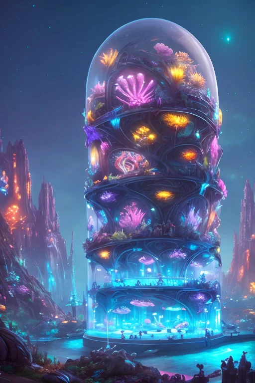 Epic Fantasy Concept, A Modern Transparent Building At Night...