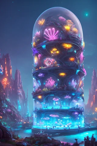 Epic Fantasy Concept, A Modern Transparent Building At Night... — Stable Diffusion AI Prompt: epic fantasy concept, a modern transparent building at night as a huge aquarium...