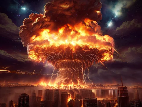 One Giant Short Very Wide Mushroom Cloudlarge Illuminated Nu... — Stable Diffusion AI Prompt: one [giant short very wide mushroom cloud:large illuminated nuclear blast with s...