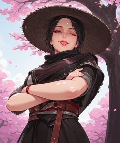 Zhuhexl,black Hair,makeup,brown Eyes,straw Hat,one Eye Close... — Stable Diffusion AI Prompt: zhuhexl,black hair,makeup,brown eyes,straw hat,one eye closed, robe,capelet,red...