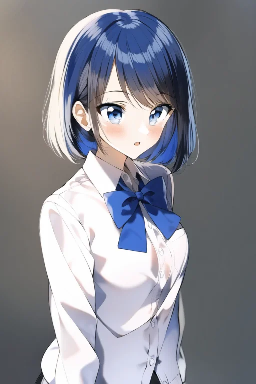 1girl, Collared Shirt, Bow Tie, Blue Hair, Blue Eyes, Upperb...