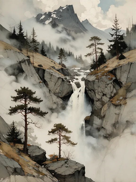 Bradhamel Art Style. A Vertical, Misty Mountain Landscape Wi...