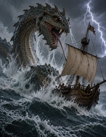 Lorakreapracticalfantasy1 A Massive Sea Serpent Attacking A... — Stable Diffusion AI Prompt: A massive sea serpent attacking a wooden sailing ship during a storm, detailed...