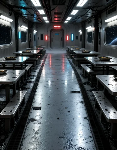 3d3n Sh1p, Photorealistic, Very Low Floor-level View Of The... — SDXL AI Prompt: 3d3n sh1p, photorealistic, very low floor-level view of the same crew mess hall...