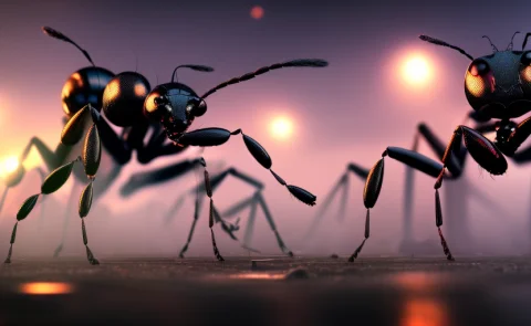 Huge Giant Cyborg Ant Attacking A Crowded Cyberpunk City, Ma... — Stable Diffusion AI Prompt: huge giant cyborg ant attacking a crowded cyberpunk city, macro_bug, (scared peo...