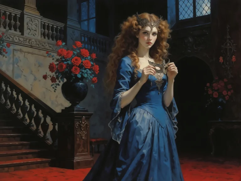 Redhead Woman In Blue Gown Holding Mask Grand Staircase Red...
