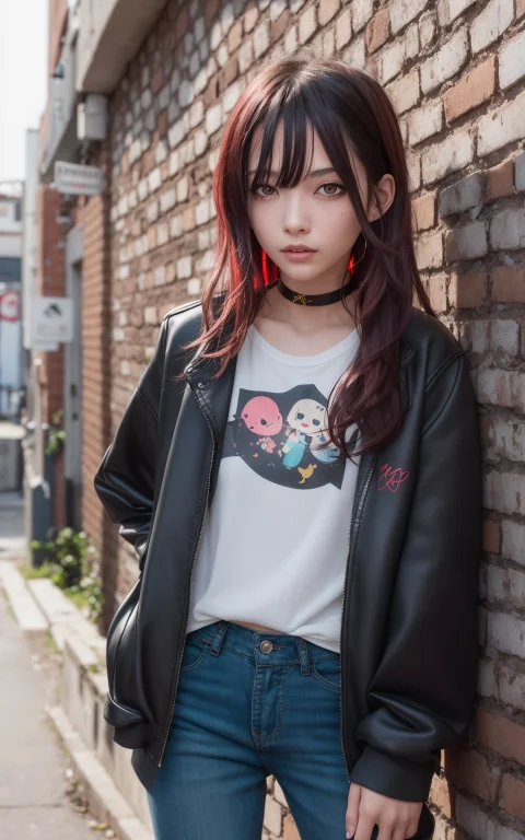 1girl, Long Hair, Black Hair, Messy Hair, Red Highlights, Ha...