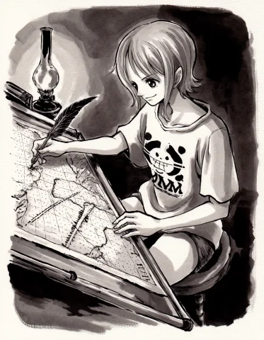 Sumiink, An Image Of Nami. She Has Short Hair And Is Wearing... — Stable Diffusion AI Prompt: SumiInk, An image of Nami. She has short hair and is wearing an oversized T-shir...