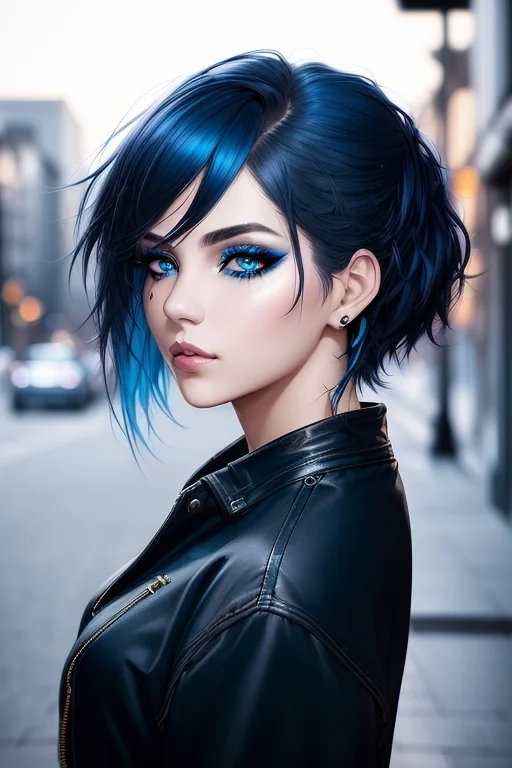 Beautiful Girl, Half Body Portrait, Short Bright Blue Dishev...