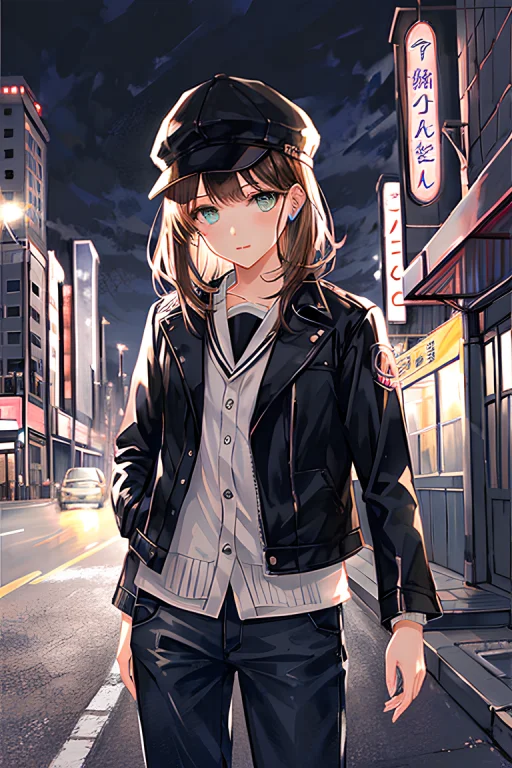1girl , Face,short Hair, Messy Hair, Brown Hair, Leather Jac...