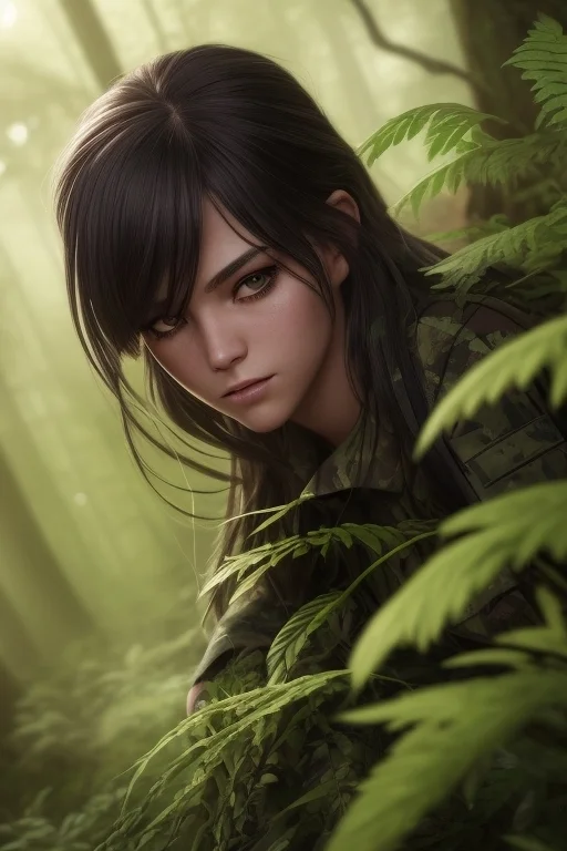 In The Forest, Army Sniper Girl Hiding In Bushes, Beautiful...
