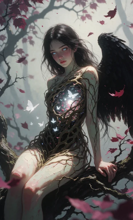 A Pale, Ethereal Young Woman With Long Dark Hair Sits Perche...