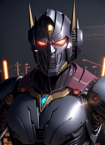 Action Scene, Upper Body Portrait Of Giant Opt-6000, Glowing... — Stable Diffusion AI Prompt: action scene, upper body portrait of giant opt-6000, glowing eyes, looking at vi...