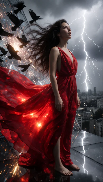 A Woman With Long, Flowing Dark Hair Swept By Wind Stands In...