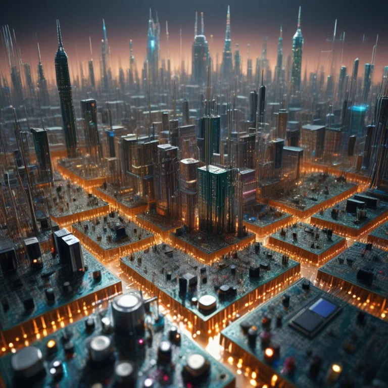 A Futuristic City Skyline Made Completely Out Of Dense Circu...