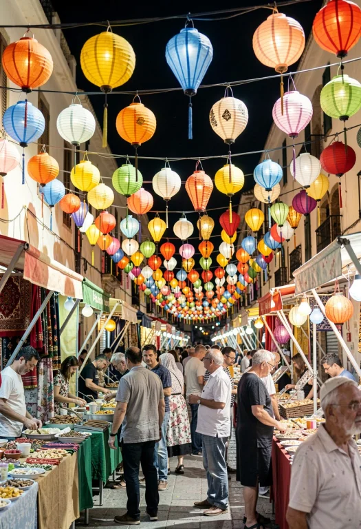 A Bustling Night Bazaar Strung With Paper Lamps, Photorealis...