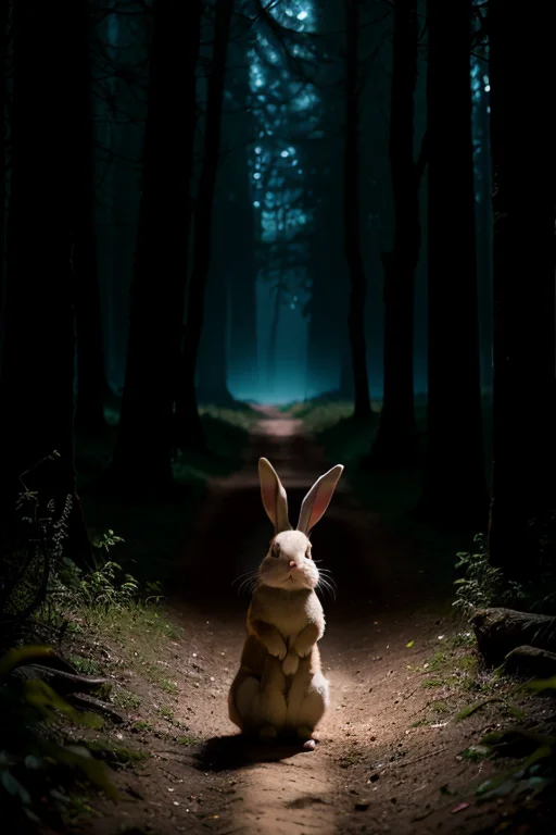 Colorful Bunny On A Dirt Path, Dark Mysterious Forest, Drama...