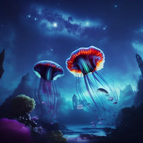 A Magical Forest With Flying Squids Ad Jellyfish And Fish An... — Stable Diffusion AI Prompt: a magical forest with flying squids ad jellyfish and fish and a castle in the di...