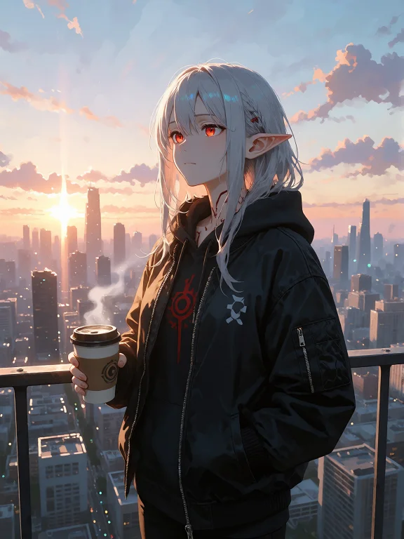 A Hopeful Semi-anime Scene At Sunrise Over A Modern City, An...