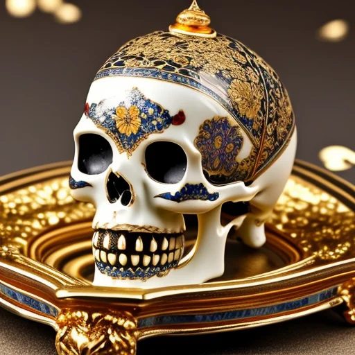 A Delicate Realistic Ornate Porcelain Skull With Gold Filigr...