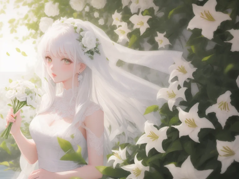 1girl, White Flower, Lily Flower, White Rose, Earrings, Solo...