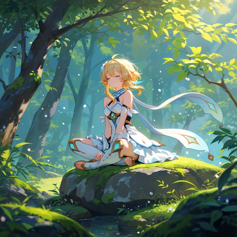 A Serene Scene Of A Golden-haired Anime Girl Sitting Cross-l...