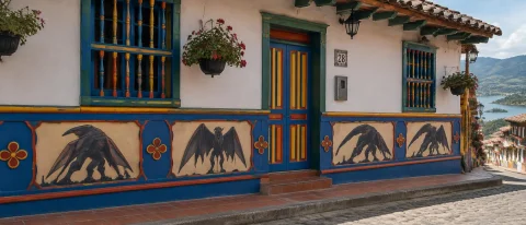 Classic Guatap House Decorated With Muto From Godzilla Monst... — Stable Diffusion AI Prompt: classic Guatapé house decorated with MUTO (from Godzilla) monster designs on the...