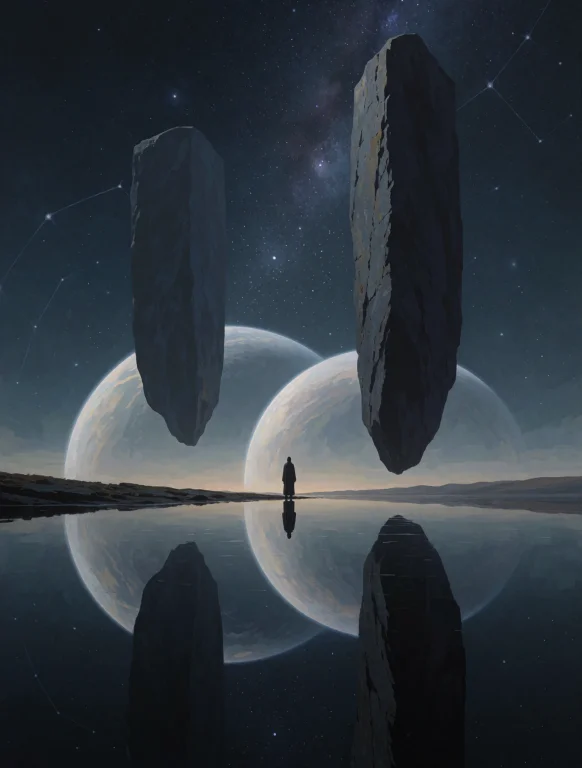 A Lone Robed Figure Standing On A Mirror-still Black Lake Be...