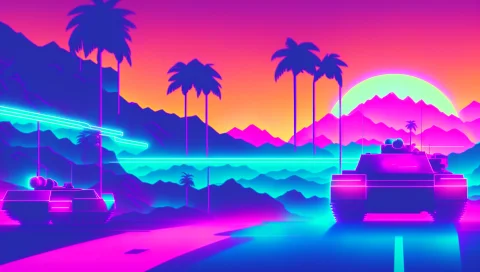 Tank Driving Down The Street To The Sunset, Outrun, Snthwve... — Stable Diffusion AI Prompt: (tank) driving down the street to the sunset, outrun, snthwve style wallpaper