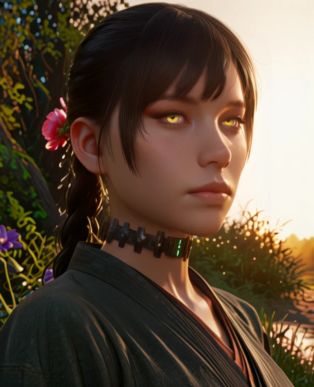 Emborxl,brown Hair,yellow Eyes,choker,flowered Braided Ponyt...