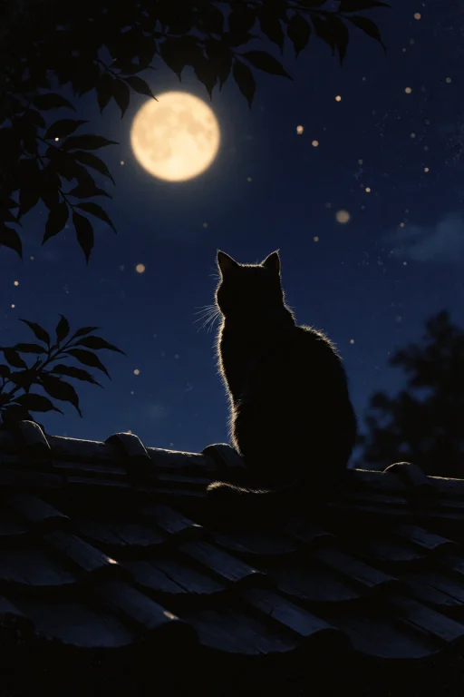 A Cat On The Roof Looking At The Moon.