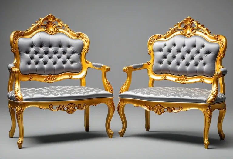 A Gilded Rococo Bench, Multiple Views, Grey Background, High...