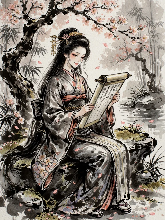 A Serene, Sumi Ink Style Illustration In Black And White Ink...
