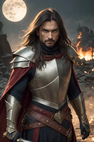 Photo Portrait Of A Hard Warrior, Armor, Cape, Gauntlets, Gr... — Stable Diffusion AI Prompt: photo portrait of a hard warrior, armor, cape, gauntlets, greaves, long hair, sh...