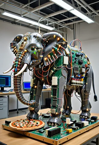 Dense Circuitry, Cute Elephant Constructed Entirely From Lay... — SDXL AI Prompt: dense circuitry, cute elephant constructed entirely from layered circuit boards...