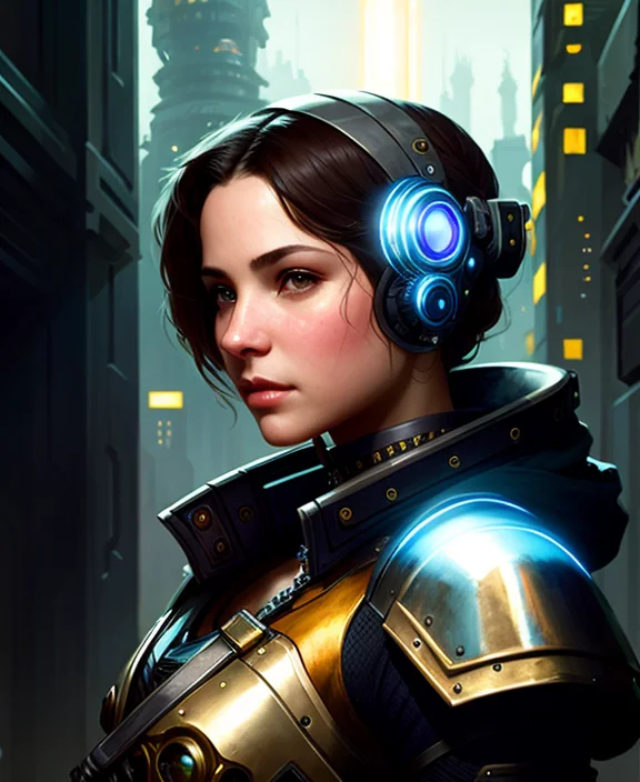 Portrait Futuristic Tawny Cyberpunk Young Female Paladin, In...