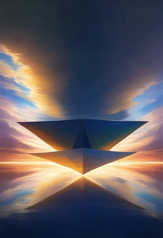 A Paper Boat Sailing Across A Desk Of Clouds, Impasto Textur...
