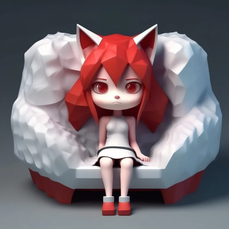 A 3d Chibi Anime Red Hair Cat Girl Sit On Impossible Geometr...