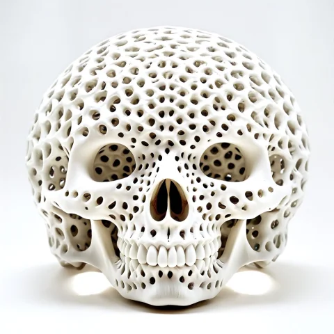 A Human Skull Reimagined As A Futuristic Relic Made Of A Whi... — SDXL AI Prompt: A human skull reimagined as a futuristic relic made of a white matte gyroid latt...