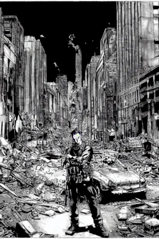Therpgchargenesafart Warrior Punk Man, In Front Of The Destr... — Stable Diffusion AI Prompt: TheRPGCharGenEsAFArt warrior punk man, in front of the destroyed ((sci-fi skylin...