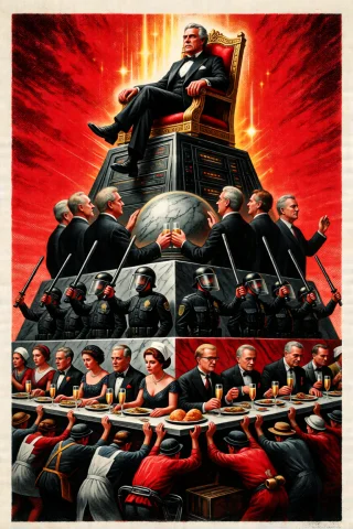 Broadside Print, Vintage Political Illustration Using Only R... — Stable Diffusion AI Prompt: broadside print, vintage political illustration using only red, black, gold, and...