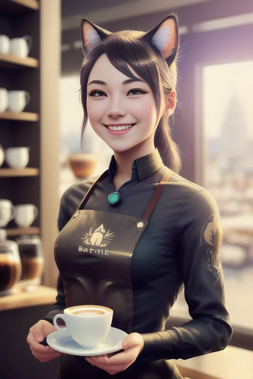 A Beautiful Catgirl Barista Smiling As She Served A Cup Of C...
