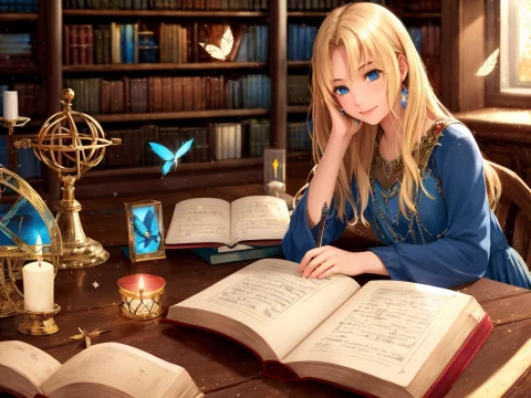 1girl, Book, Quill, Blonde Hair, Long Hair, Solo, Blue Eyes,... — Stable Diffusion AI Prompt: 1girl, book, quill, blonde hair, long hair, solo, blue eyes, table, indoors, hea...