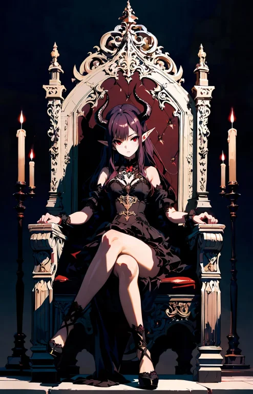 1girl, Solo, Demon Girl, Small Curved Black Horns, Long Dark...