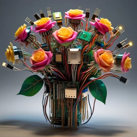 A Vibrant Bouquet Of Roses Constructed Entirely Out Of Dense... — SDXL AI Prompt: a vibrant bouquet of roses constructed entirely out of dense circuitry, petals f...