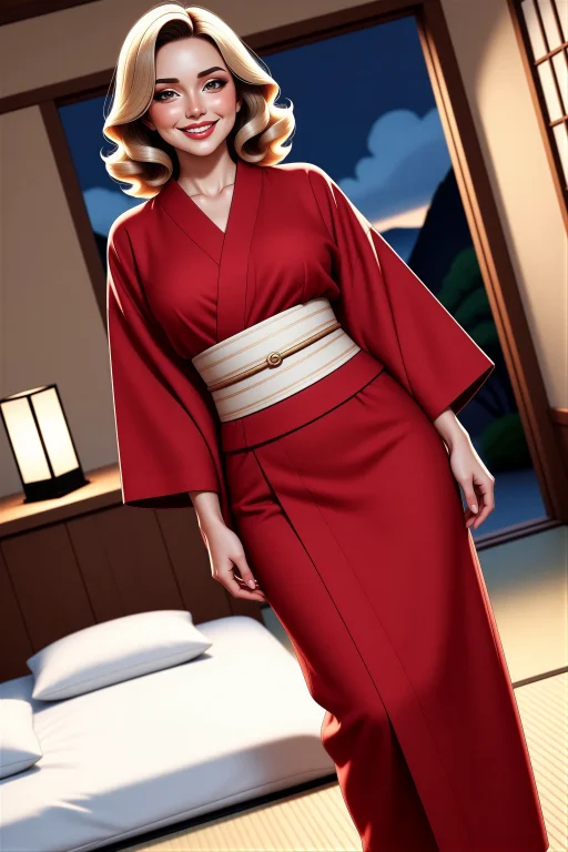 Beautiful Woman With Cream Waves, Crimson Yukata Untied At T...