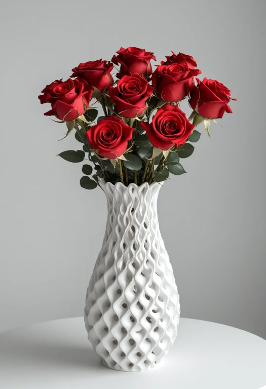 Bouquet Of Red Roses In A White Gyroid Vase Loragyroidshapem...