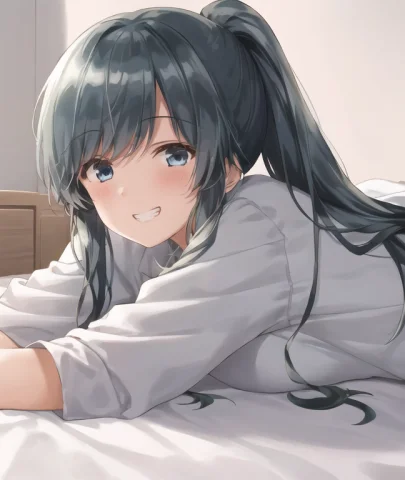 1girl, Lorananamiresize20.95, Nanami Minami, Ponytail, Light... — Stable Diffusion AI Prompt: 1girl, , (nanami minami), ponytail, light blue hair, very long hair, bed, lying...