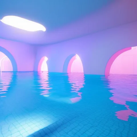 Scrpoolrooms Arches Lit With Blue And Pink Neon Lights, Whit... — Stable Diffusion AI Prompt: ((scrpoolrooms) arches lit with blue and pink neon lights, white walls, reflecti...